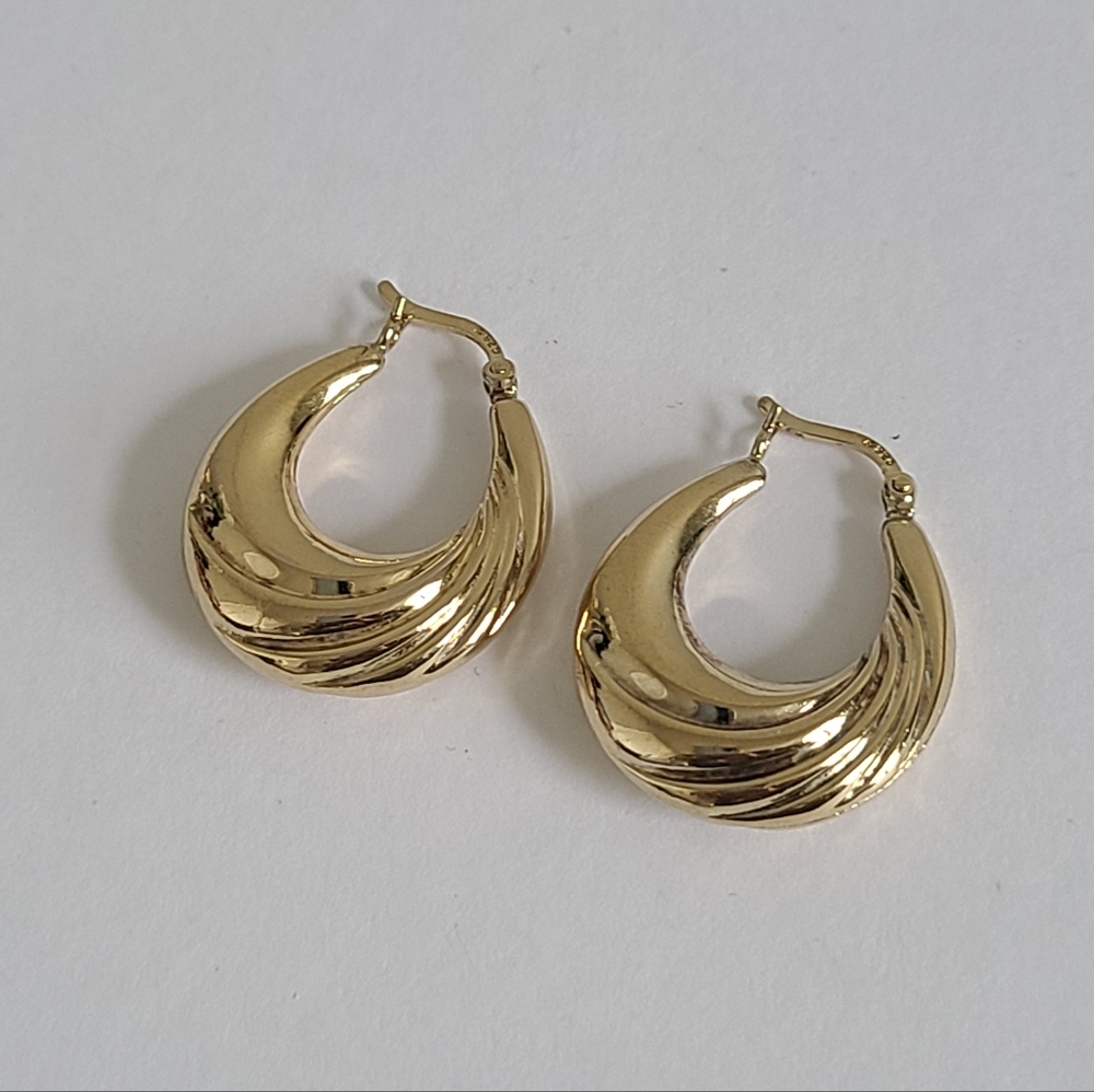 Vintage Sterling Silver Gold Twisted Creole U Shape Luxury Puffy Hoop Earrings